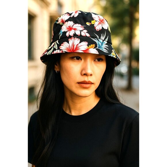 Reversible Black Floral & Solid Bucket Hat For Unisex Lightweight - Picture 4 of 14